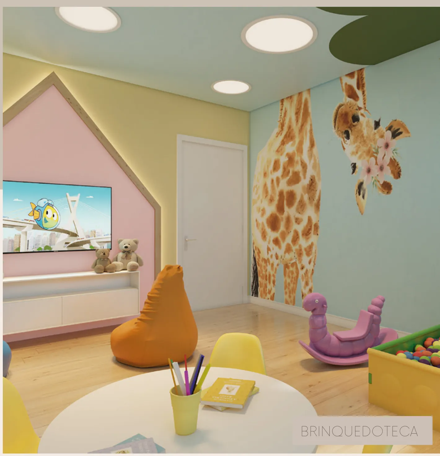 Brinquedoteca colorida com brinquedos e TV