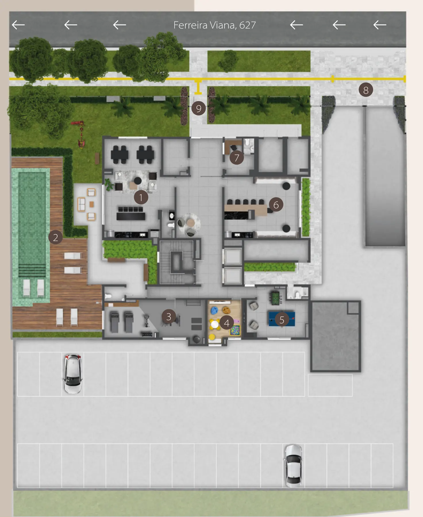 Planta do pavimento térreo com salão de festas, piscina, fitness, brinquedoteca, sala de jogos, espaço gourmet, guarita e acessos