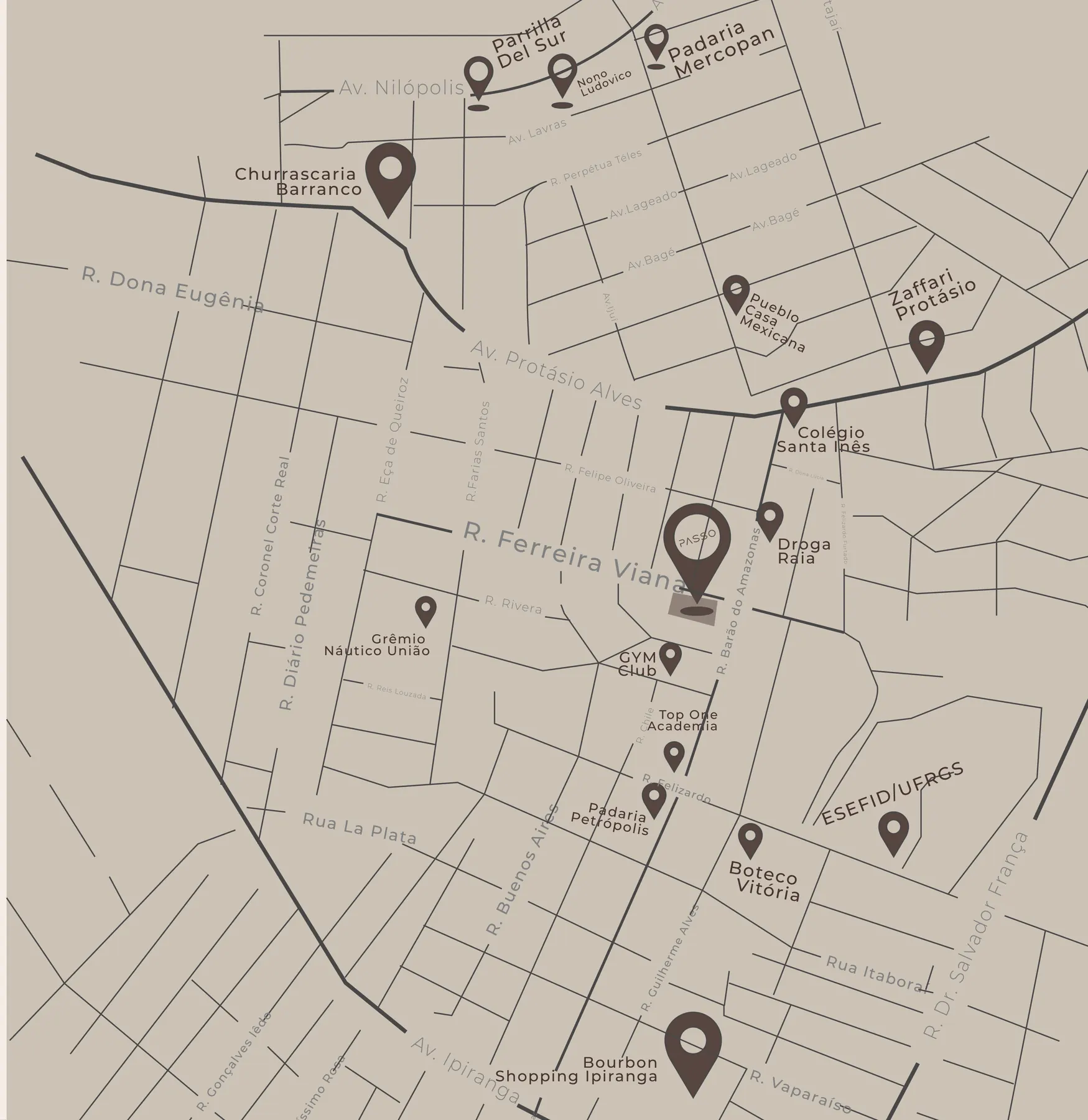 Mapa com o Passo Petrópolis na Rua Ferreira Viana e os pontos de interesse do bairro
