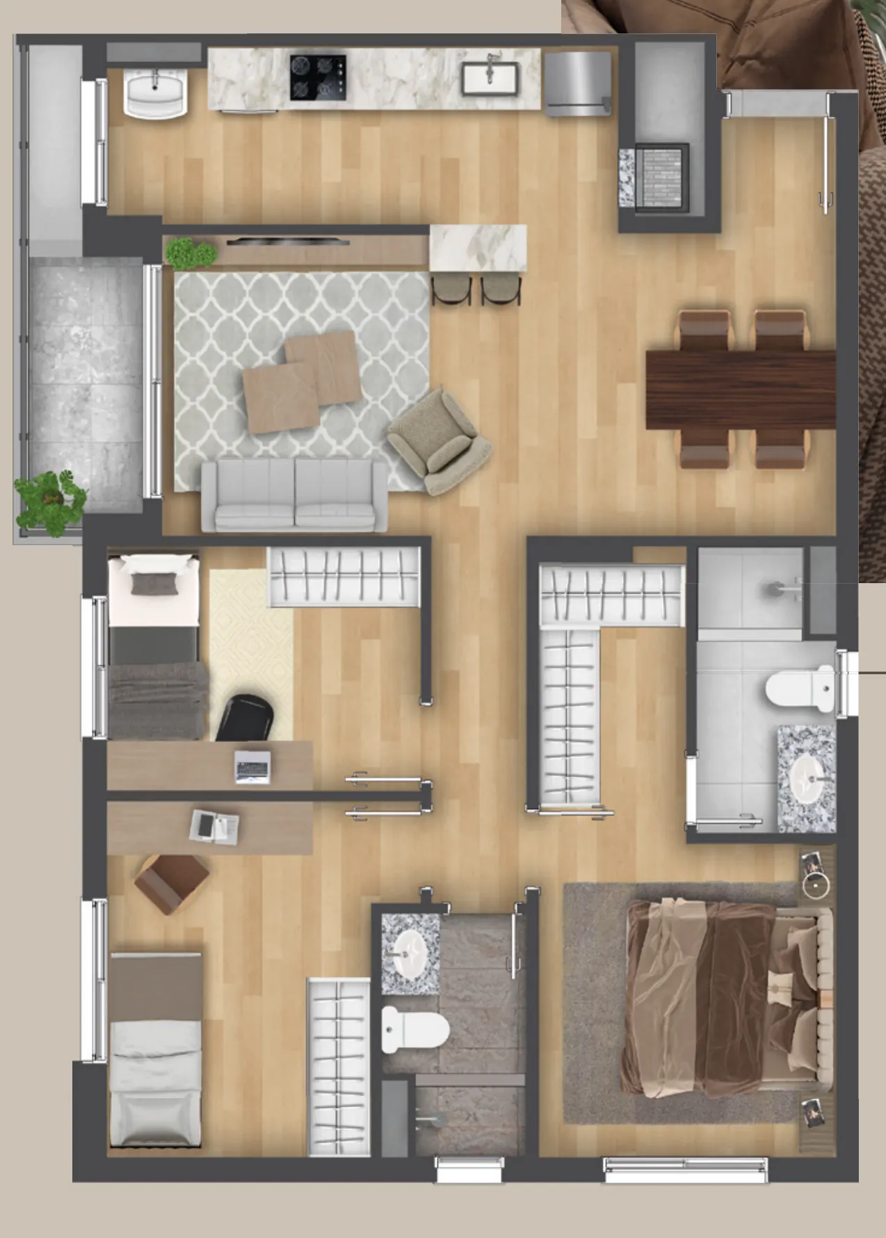 Planta humanizada do apartamento final 01, com 3 dormitórios, suíte, living integrado e sacada