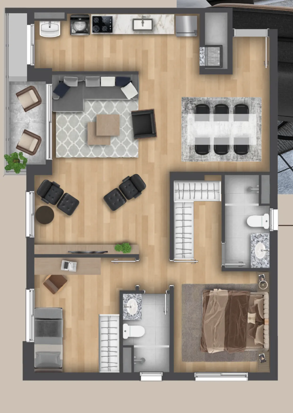 Planta humanizada do apartamento final 02, opção com living estendido