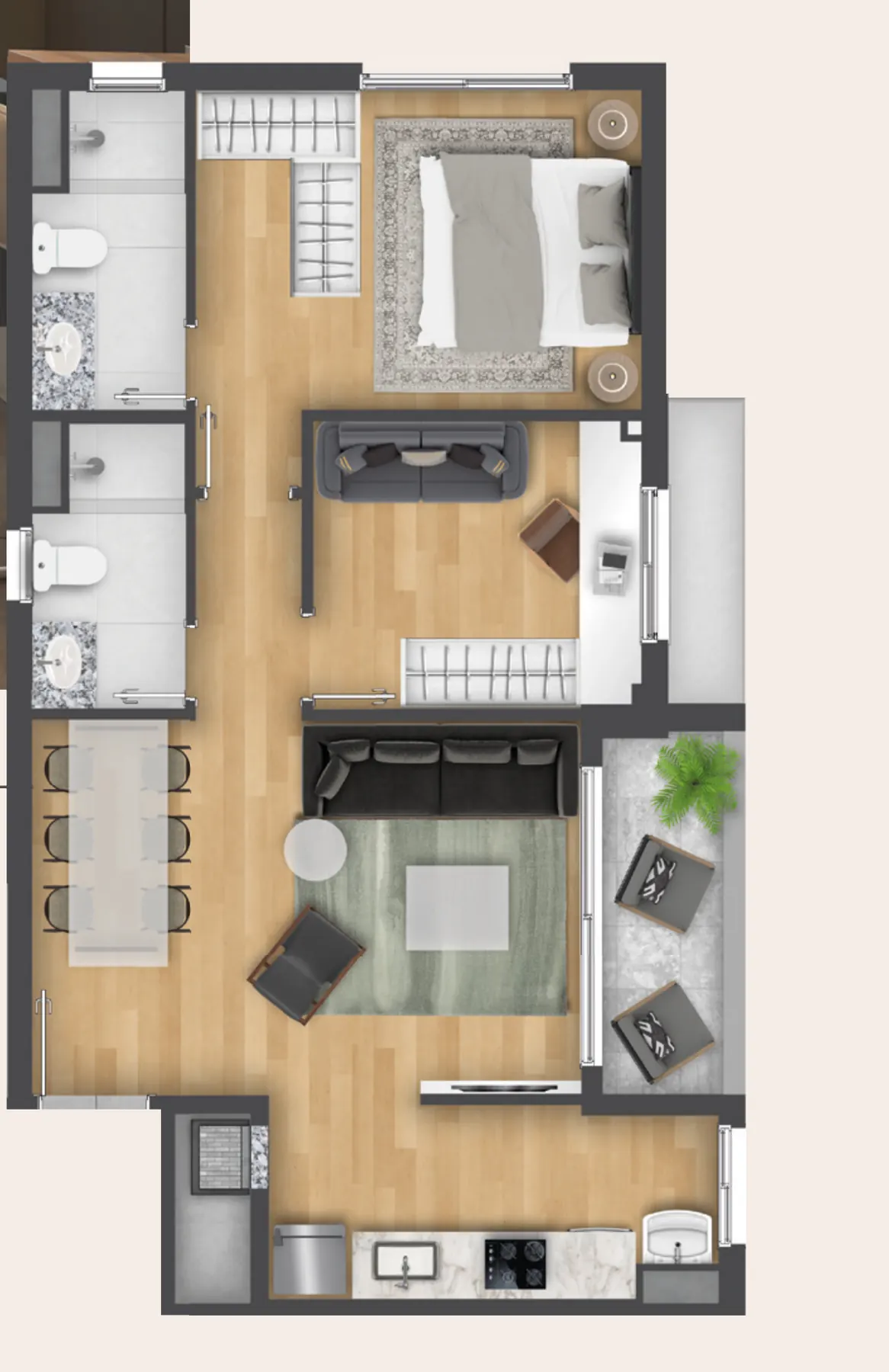Planta humanizada do apartamento final 03, com 2 dormitórios e suíte