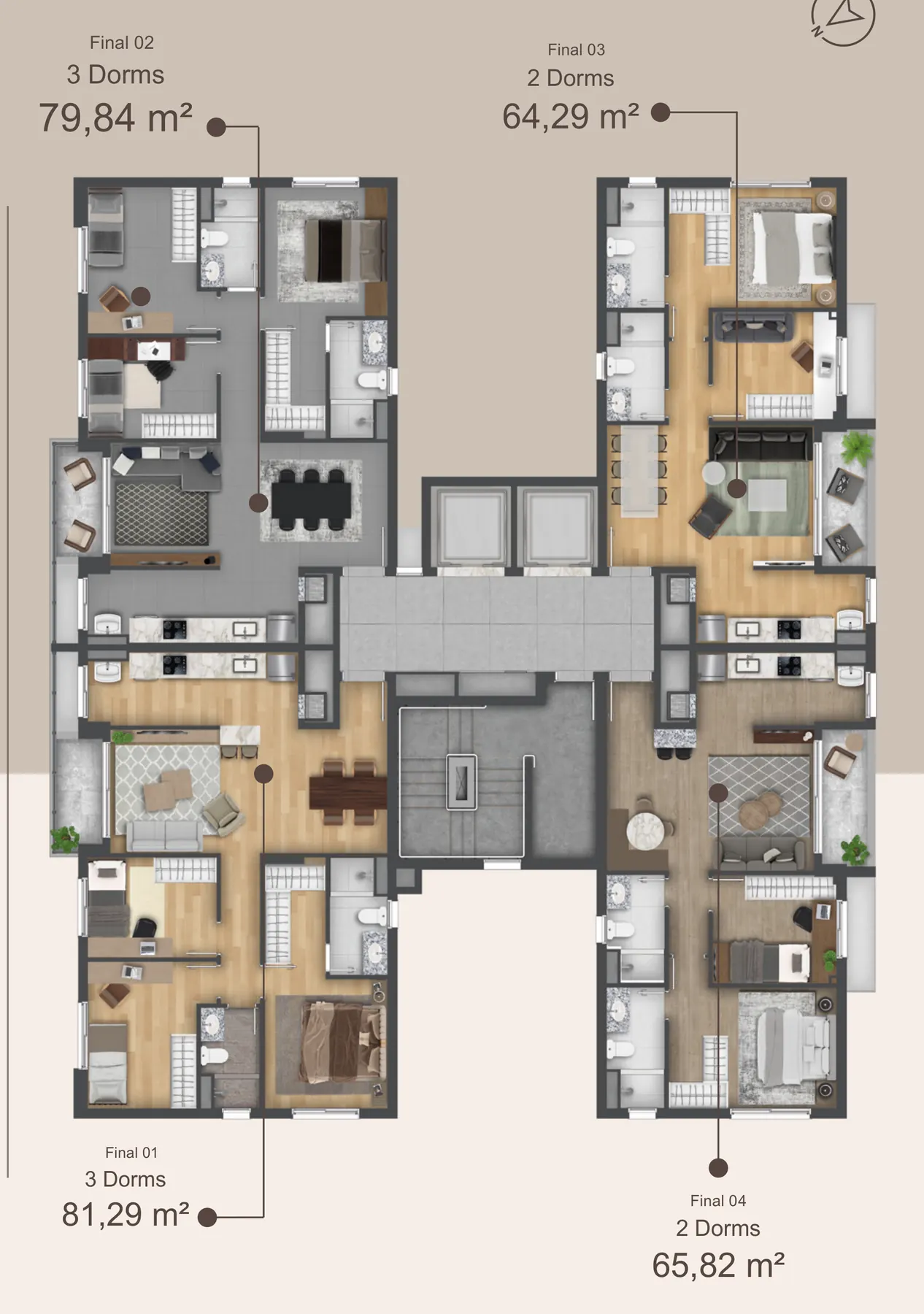 Planta do pavimento tipo com os quatro apartamentos, finais 01 a 04