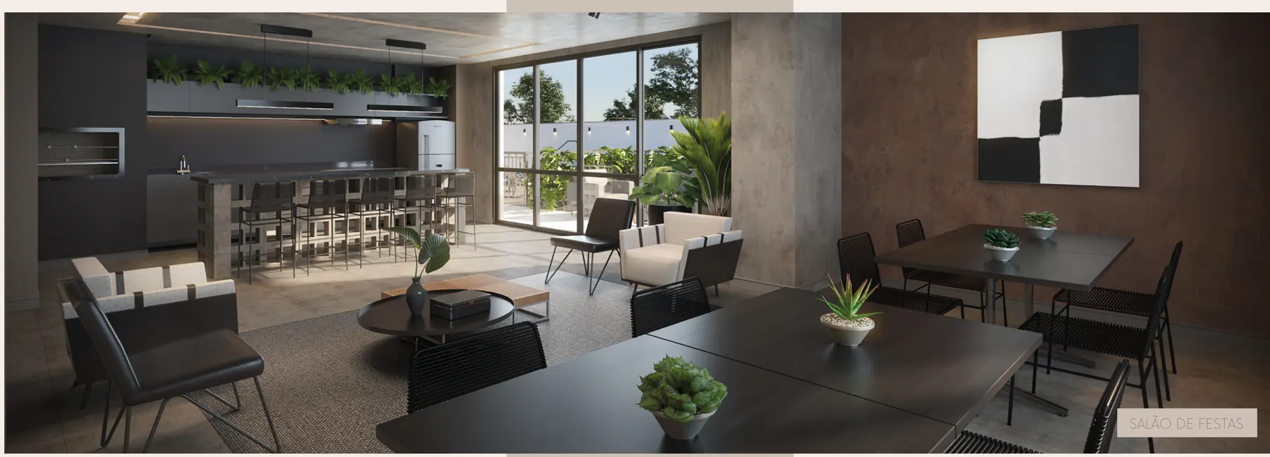 Salão de festas com cozinha, mesas e lounge integrados