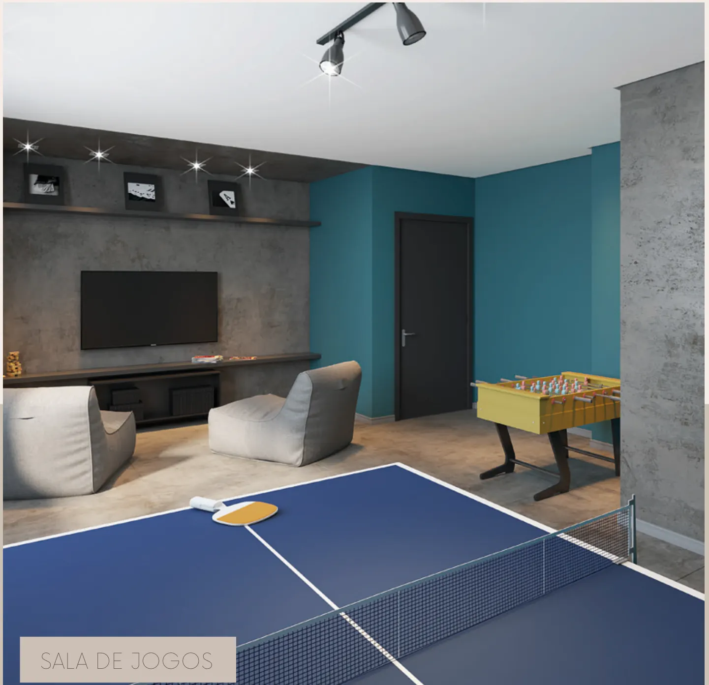 Sala de jogos com mesa de ping-pong, pebolim e TV