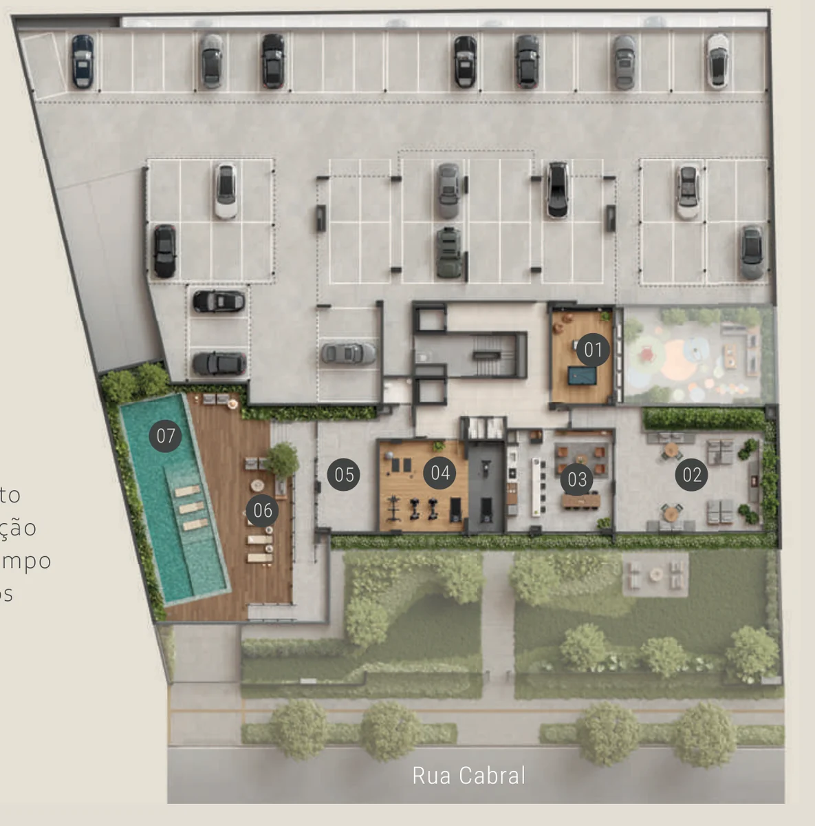 Planta do 2º pavimento com sala de jogos, jardim de inverno, espaço gourmet, fitness, lounge, solarium e piscina