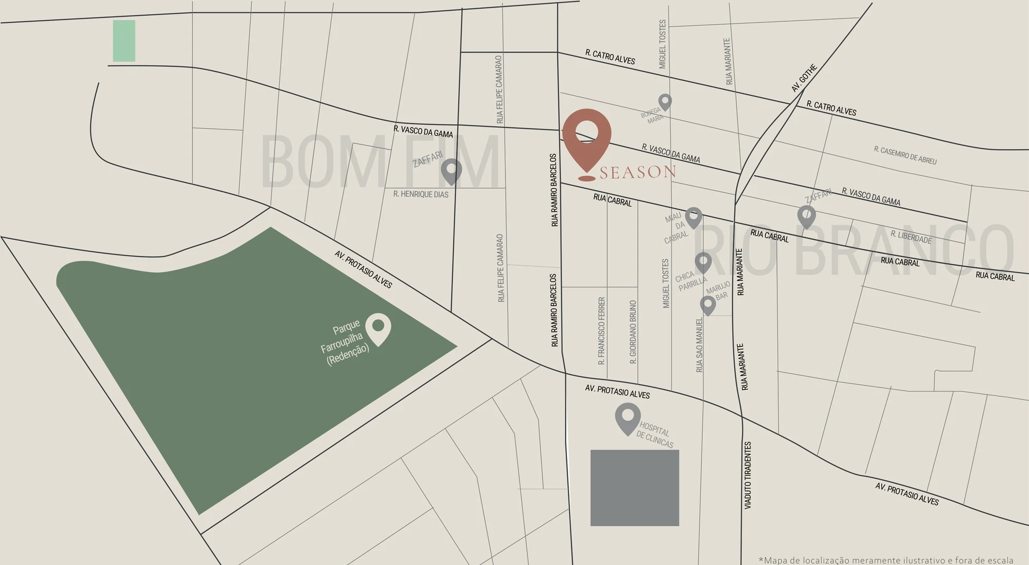 Mapa com o Season na Rua Cabral, entre os bairros Bom Fim e Rio Branco, próximo ao Parque Farroupilha e ao Hospital de Clínicas