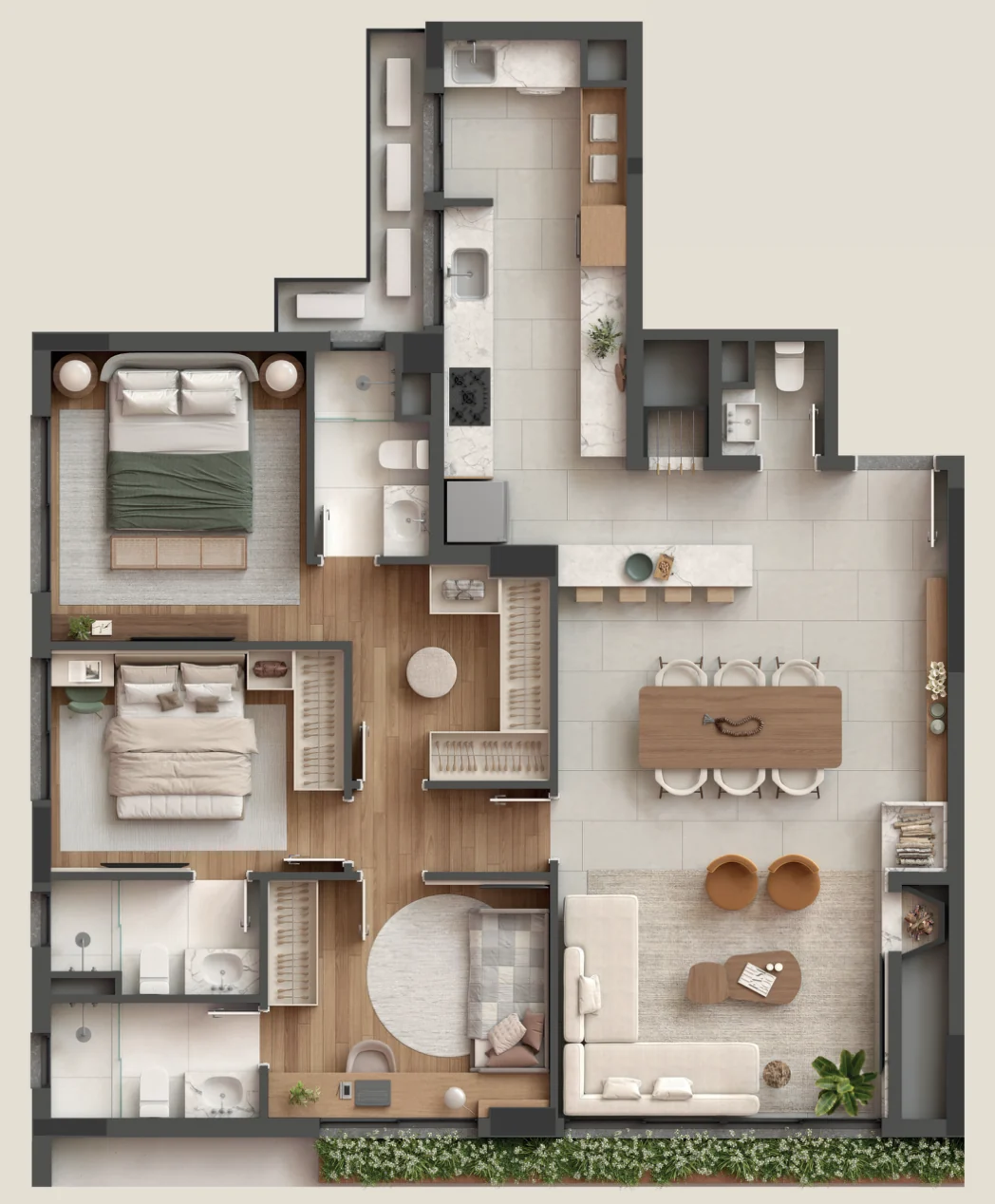 Planta humanizada do apartamento final 01 com 3 suítes, living integrado, lareira e churrasqueira