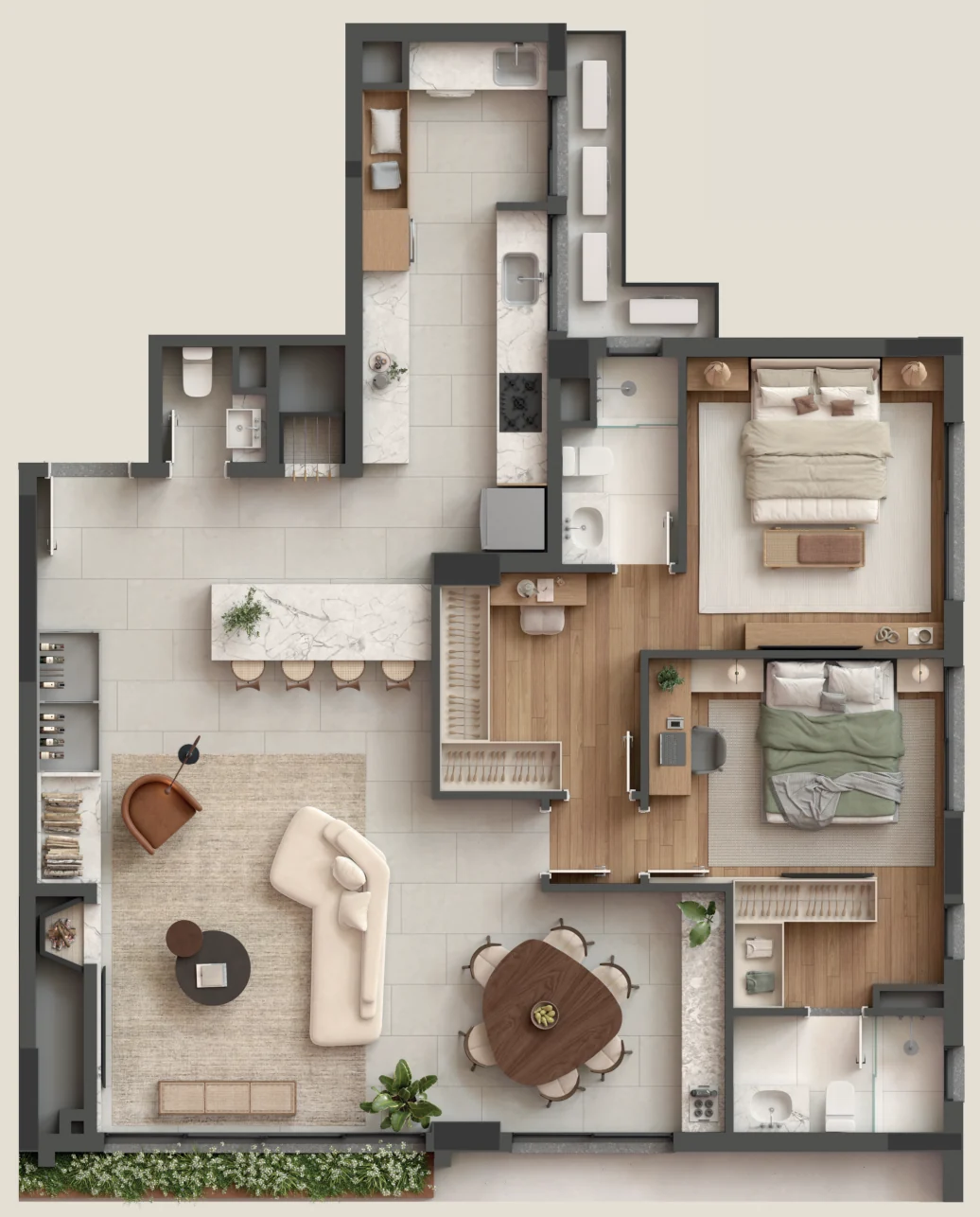 Planta humanizada do apartamento final 02 com 2 suítes e living estendido