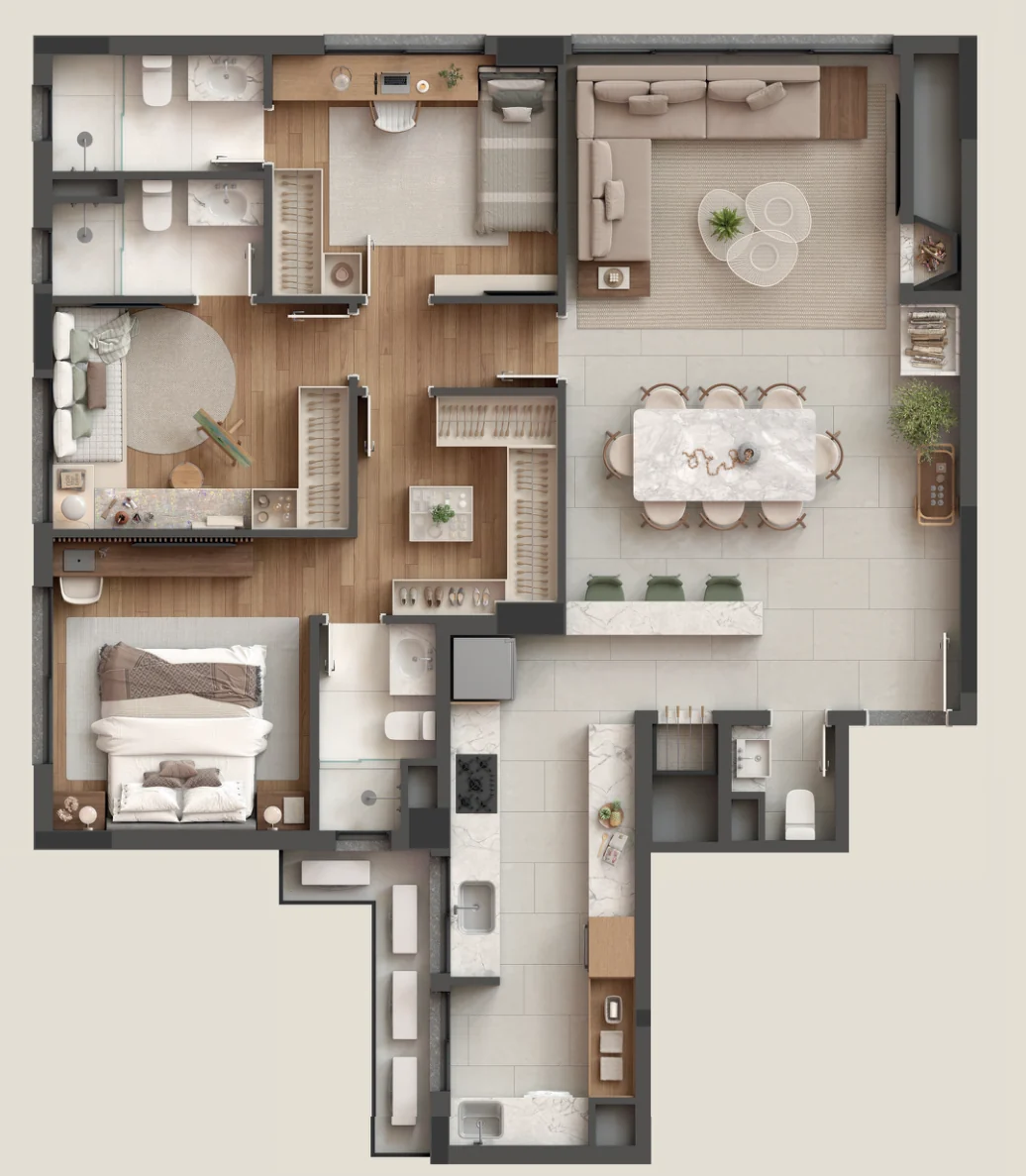 Planta humanizada do apartamento final 03 com 3 suítes