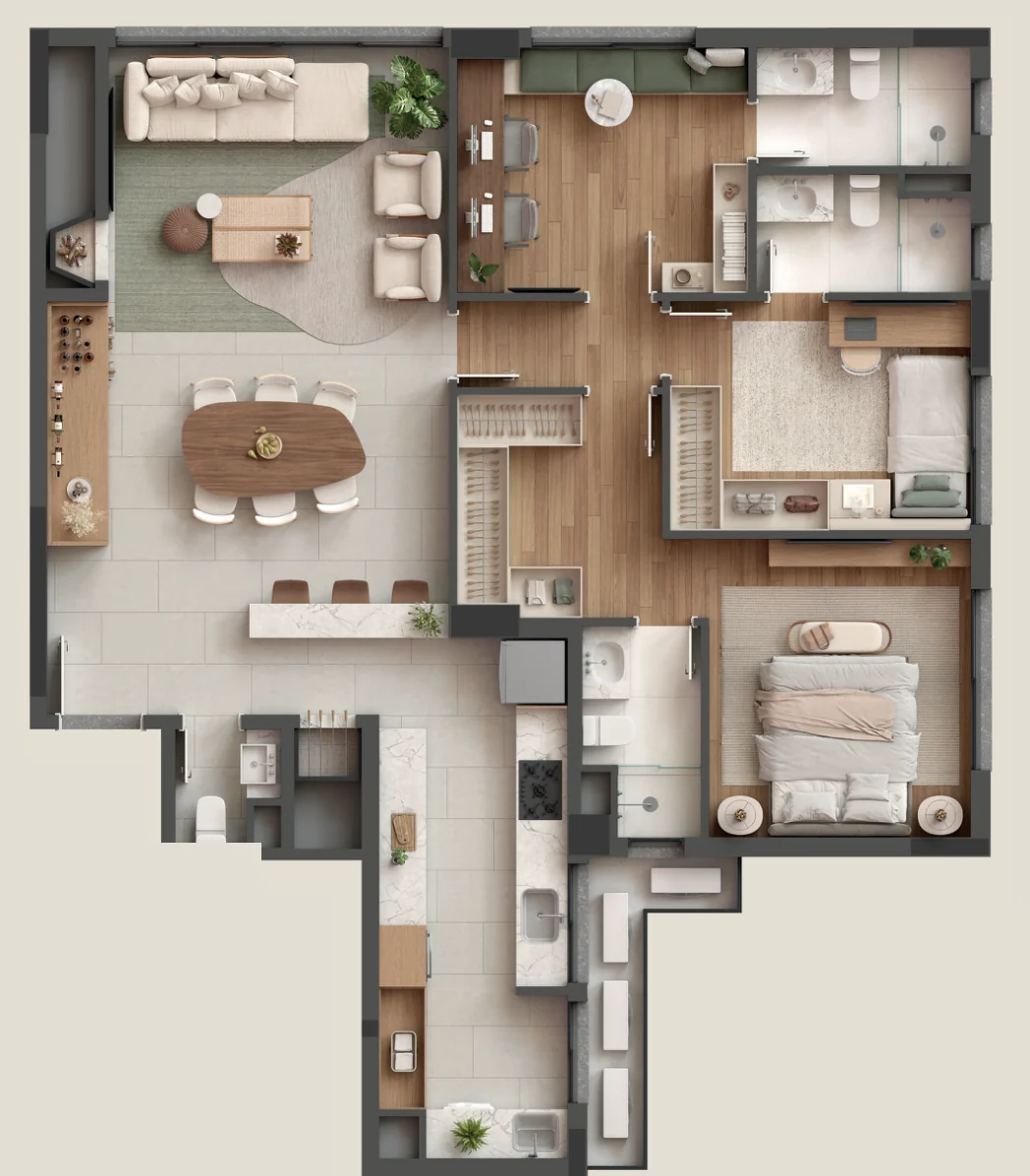 Planta humanizada do apartamento final 04 com 3 suítes