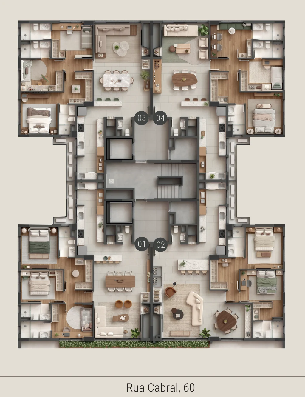 Planta do pavimento tipo com os quatro apartamentos, finais 01 a 04