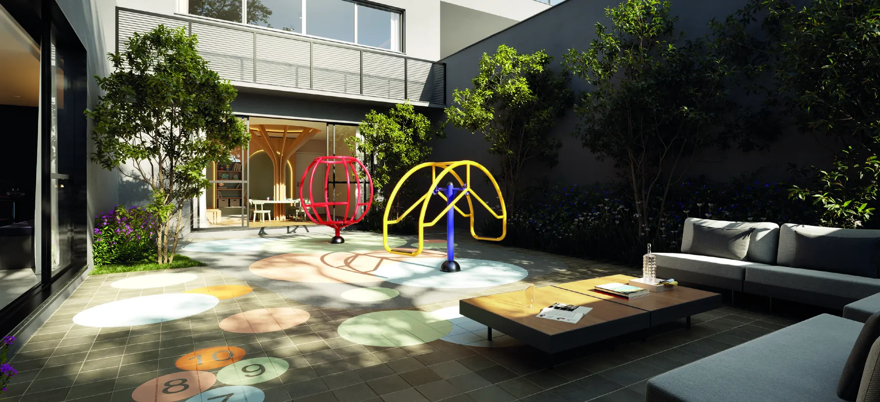 Playground ao ar livre com brinquedos e jardim